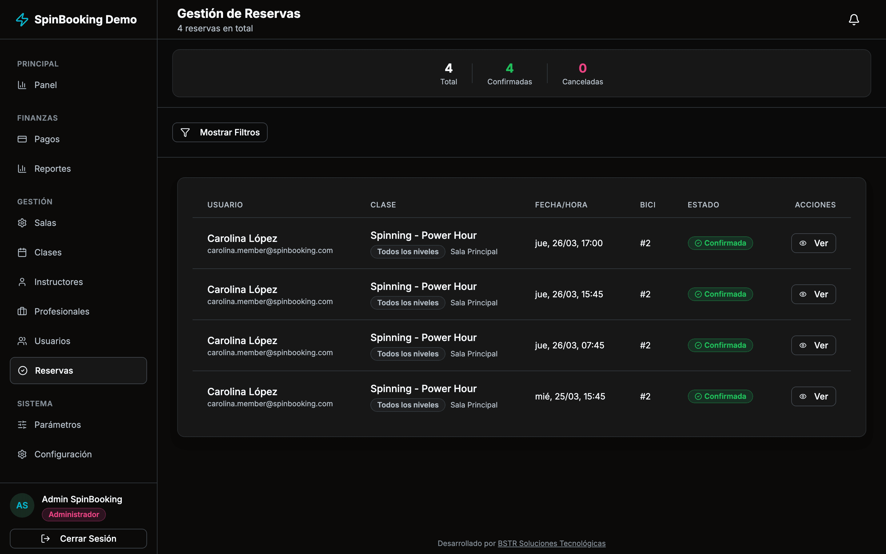 Pantalla de gestión de reservas en SpinBooking mostrando listado de turnos y estados